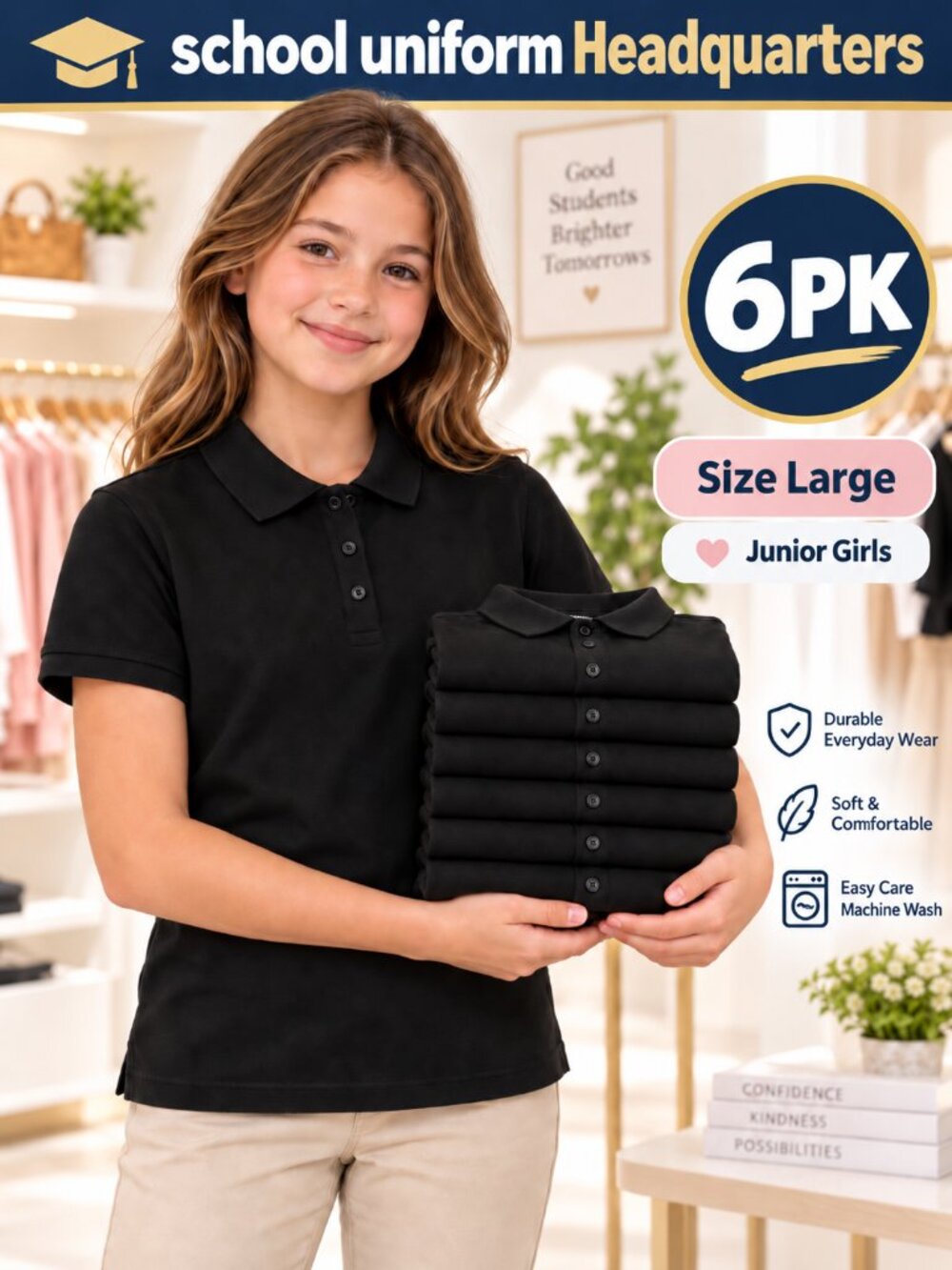 6-Pack Junior Girls Black Polo Shirts Size Large 3-Pack School Uniform